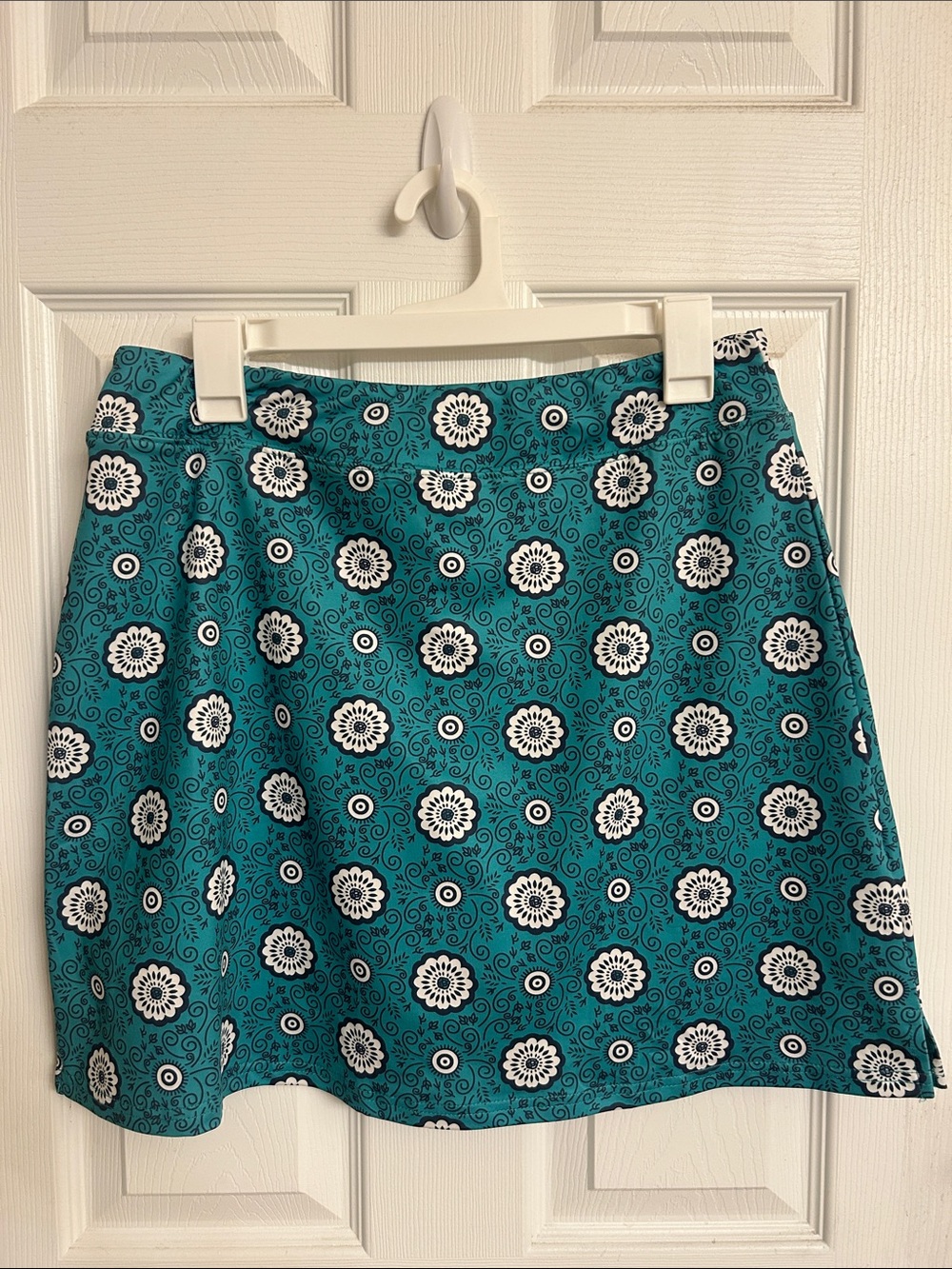Ekouaer Teal White Floral A-Line Mini Skirt Built-in Shorts Size Large